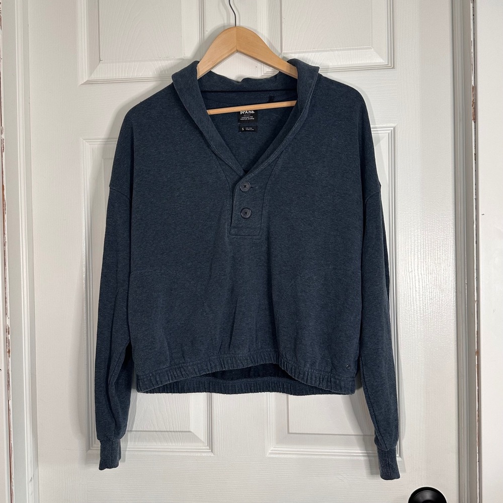 Prana Womens Hemp Blend Shawl‎ Collar Pullover Sweatshirt Blue 1966951 Small